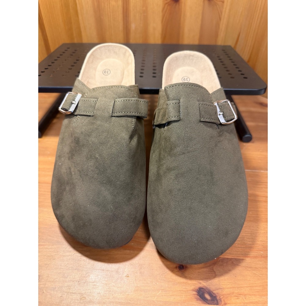 Womens Olive Green Faux Suede Buckle Clogs Mules Size 39 Comfort Slip On Shoes